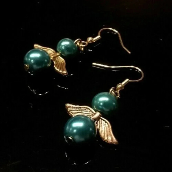 Handmade Teal Blue Glass Pearl Gold Plated Pewter Angel Wings Dangle Earrings - Picture 1 of 1